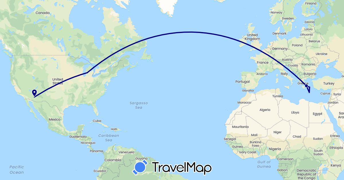 TravelMap itinerary: driving in Greece, United States (Europe, North America)